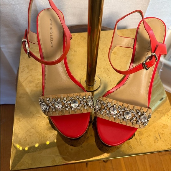 Antonio Melani Red and Tan Wedge Sandals with Embellished Straps - Picture 3 of 7
